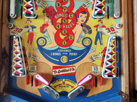 Image # 81425: Toreador Lower Playfield 
(The unembossed flippers are not original to this game. The white rubber fasteners on the four plastic light shields are not original to this game. Serial number B06076T.)