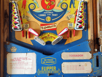 Image # 81426: Toreador Lower Playfield 
(The unembossed flippers are not original to this game. The white rubber fasteners on the four plastic light shields are not original to this game. Serial number B06076T.)