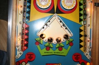 Image # 34835: 2001 Middle Playfield - Light Shields Removed 
(With the center light shield removed, the two kicking rubbers are visible. Serial number 05430.)