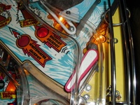 Image # 49431: White Water Early Production Upper Playfield - Detail 
(Just like the game in the flyer, there is no playfield art behind the flipper. Serial number 100085.)
