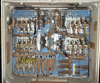 Image # 53454: The Wiggler Inside Backbox - Add-A-Ball Unit Installed 
(The stepping unit to the right of the replay unit is wired and labeled as an add-a-ball unit. It steps both up and down. In the lower right corner are two add-a-ball relays that are not present in other games. Serial number 3022.)