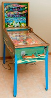 Image # 77433: Wisconsin Cabinet - Front View - Rolldown Version 
(The manufacturer produced this game with a wood console base but an owner replaced it with the legs shown here. Serial number 3392.)