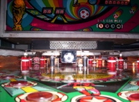 Image # 33319: World Cup Playfield - Ball View 
(The spinning target artwork at center playfield is not original to this game.)