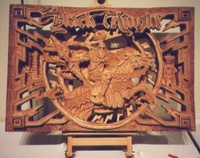 Image # 24036: Black Knight 2000 Backglass Sculpture 
(Artist is Joel Cohen Carved Honduran Mahogany  Dimensions: 27 1/8 inches by 18 1/2 inches by 5 inches.  Weight: 20 lbs.)