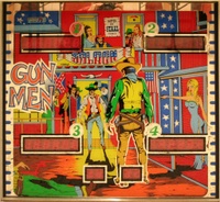 Image # 43779: Gun Men Backglass 
(The photographer is reflected in the mirrored trim of this backglass. )