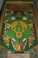 Image # 33919: Hits and Runs Playfield 
(The flippers on this game are not in the manufacturer's original positions. The right-side ballplayer figuring is missing from this playfield. Serial number A1388.)
