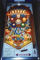 Image # 6453: Sky�Line Playfield 
(This is not a Sample game. The pop bumper assemblies and caps were changed by a collector. Serial number 06676.)