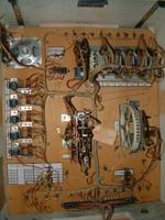 Image # 55883: Supersonic Inside Backbox 
(The jack field in the lower left corner for selecting when the biri-biri sound will activate was not installed at the factory. Along the bottom edge of the insert, only nine of the ten Ball In Play lights were wired from the factory. Serial number 00120.)