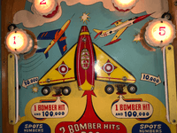 Image # 74473: Bomber Illuminated Upper Playfield 
(The manufacturer did not use black rubber rings on this game.)