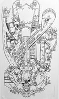 Image # 68905: Bone Busters Inc. Playfield Black Line Drawing 
(Artist is Constantino MitchellBlack ink on clear mylarActual playfield size.)