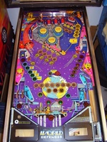 Image # 65535: World Defender Playfield 
(The three flipper assemblies have been removed from this playfield. Serial number 6521.)