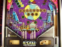 Image # 65537: World Defender Lower Playfield 
(The three flipper assemblies have been removed from this playfield. Serial number 6521.)