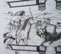 Image # 70904: Bow and Arrow Original Blackline for Backglass 
(Artist is Christian Marche.Ink/felt pen on sepia Mylar.Dimensions 28 1/2 inches by 29 1/2 inches.)