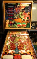 Image # 68161: Antar Cabinet - Front View 
(In this picture, the solitary drop target in center-right playfield has been lowered, and drop targets in the upper playfield have been lowered to make visible the two kick-out holes.)