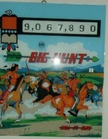 Image # 13447: Big Hunt Backglass 
(The last two digits of the score are 'dummy' (nonfunctional) zeroes, as manufactured, but the owner of this machine has placed fake numbers in the rightmost score windows. )