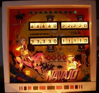 Image # 40464: Navajo Illuminated Backglass - Game Over 
(In this image, Ball In Play is not illuminated and there are seven credits. The match number is 90.)
