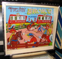 Image # 42797: Bronco Backglass 
(The yellow score reels are not original to this game.)