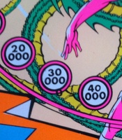 Image # 55797: Dragon Playfield - Extra 0 
(There is an extra zero below the 30000 insert. The zero to the right of the 4 appears to be different as well. This game is located in France.)