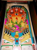 Image # 64614: Dragon Playfield - Lower Targets Score Advance 
(Unlike most other examples of this game, the yellow standup targets in the lower playfield score Advance in addition to 5,000 points. This difference can also be seen in the manufacturer's flyer. Serial number 00938.)