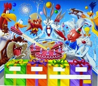Image # 29474: Bugs Bunny's Birthday Ball Original Backglass Painting 
(Artists are John Youssi & Python AngheloAcrylic paint on canvas boardDimensions 28 inches by 24 inches)