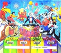 Image # 29475: Bugs Bunny's Birthday Ball Original Backglass Painting With Black Lines Overlay 
(Artists are John Youssi & Python AngheloAcrylic paint on canvas boardDimensions 28 inches by 24 inches)