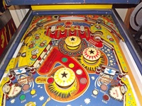Image # 67039: Cosmic Princess Upper Playfield 
(The white rubber behind the drop targets is broken. Serial number 10433.)