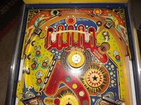 Image # 67040: Cosmic Princess Upper Playfield 
(The white rubber behind the drop targets is broken. Serial number 10433.)