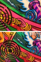 Image # 69357: Cirqus Voltaire Backglass - Artist Signature 
(The artist's signature appears on the production backglass (top image) but not on the sample backglass (bottom image).)