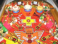 Image # 36538: red Arrow Upper Playfield 
(Not all pop bumper caps match the ones on the game in the flyer.)
