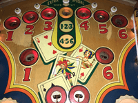 Image # 75425: Canasta Illuminated Upper Playfield 
(This playfield is missing the two flipper-shaped posts at the very top center of the playfield, above the white post, and where a rubber ring fits around all three of them.)