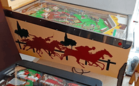 Image # 74347: Running Horse Cabinet - Left 
(The cabinet has been repainted but is included here to show its other features. The art does not match the game in the flyer but the owner stated this difference was not unusual. The game in the flyer used white rubber rings.)