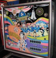 Image # 59737: Mikoshi Backglass 
(The height of this game can be compared to the Williams games next to it. Serial number 4034.)