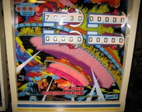 Image # 55539: Close Encounters of the Third Kind Prototype Game - Backbox Striping 
(This game has no serial number. Notice the blue and yellow backbox stripes.)