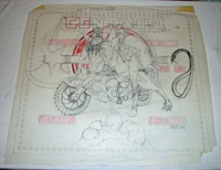 Image # 70446: Centaur Pre-Production Backglass Artwork 
(Red color instructions to the film separatorto knock out red areas in production glass.Artist is Paul Faris.Ink and pencil on Vellum.)