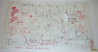 Image # 70438: Centaur II Pre-Production Backglass Artwork 
(Artist Paul Faris writes, 'This looks like my diagram of the GI lights for the backglass insert on Centaur II as well as the indication of opaque area of backglass. Centaur II did not have an original painting. It was created by assembling film from the original Centaur painting.Ink on Vellum.Dimensions: same size as production glass.)