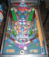 Image # 28100: Basketball Playfield 
(The one-way metal rollunder gates shown here above each slingshot instead belong in the flipper return lanes. The mini-post between the flippers does not appear on the manufacturer's flyer.)