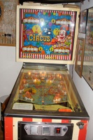Image # 38909: Circus Cabinet - Front View 
(The orange and red 1000-point bumper caps are reversed on this game as compared to the flyer. Serial number 1841.)