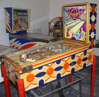 Image # 28275: Classy Bowler Cabinet - Right 
(Gottlieb data does not support that this game was built with wooden legs. The manufacturer's flyer shows metal legs.)