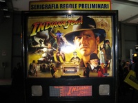 Image # 42301: Indiana Jones Sample Game - Illuminated Backglass 
(Backbox topper reads 'preliminary graphics and game rules'. Serial number E 216297.)