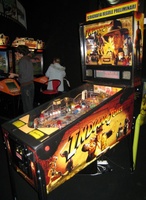 Image # 42321: Indiana Jones Sample Game - Full View 
(Backbox topper reads 'preliminary graphics and game rules'. Serial number E 216297.)