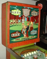 Image # 61909: College Queens Sample Game - Backbox - Left 
(Red trim has same spiderwebbing as the cabinet. Serial number '1018 S'.)
