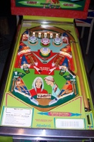 Image # 31892: College Queens Sample Game - Playfield 
(Light green upper ball arch, side trim, and card holder. Serial number '1016 S'.)
