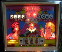 Image # 43730: Royal Flash Illuminated Backglass - Shoot Added Ball Now 
(The 'Shoot Added Ball Now' light is illuminated.)