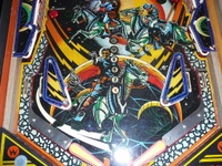 Image # 40691: Cosmic Gunfight Orange Version Lower Playfield 
(The owner of this game states that some minor paint touch-ups were done before he clearcoated the playfield and applied reproduction drop target stickers.)
