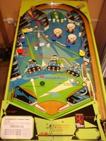 Image # 63146: Cosmos German Playfield 
(The colors of the mushroom bumpers are not in their correct place. The spinning target is not original to this game. Above the spinner is a white post loosely placed on the playfield. This image is provided to show the German playfield text.)