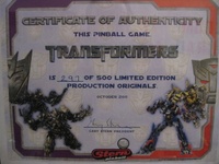 Image # 54906: Transformers� Limited Edition ("Combo") Certificate Of Authenticity 
(Cabinet has serial number 232675.)