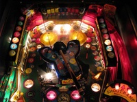 Image # 47838: Cue Ball Wizard Illuminated Upper Playfield 
(The center plastic belonging under the pivoting ball shooter is missing from this game.)