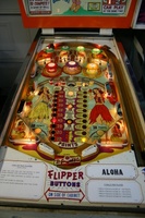 Image # 39684: Aloha Illuminated Playfield 
(The manufacturer did not design the playfield with a post between the flippers. The post shown here was added later.)