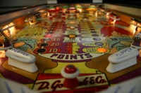 Image # 39685: Aloha Illuminated Playfield 
(The manufacturer did not design the playfield with a post between the flippers. The post shown here was added later.)