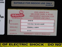 Image # 65376: KISS (Pro) Serial Number Sticker 
(Photographed at the Northwest Pinball and Arcade Show, June 2015. Serial number 254018.)
